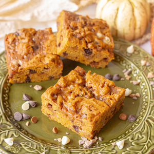 Pumpkin Spice Blondie with a Sweet Caramel Swirl and Chocolate Mix-Ins