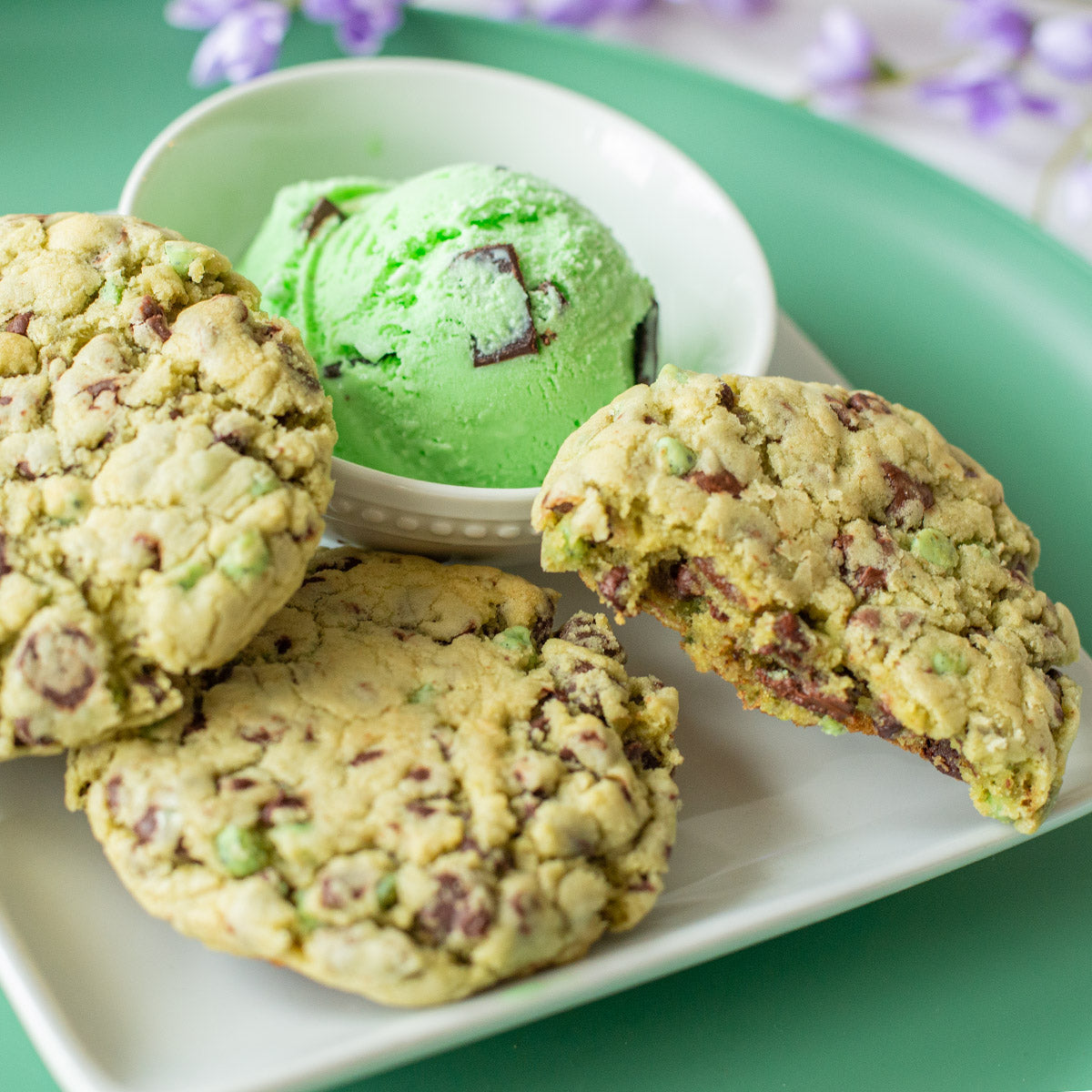 Mint Chip Cookies on a plate with mint chip ice cream