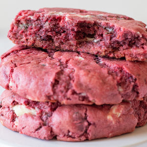 Raspberry Bliss cookie loaded with white and dark chocolate