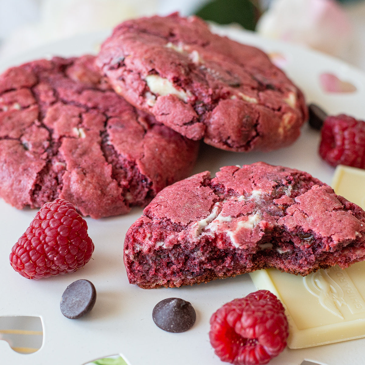 Raspberry Bliss cookie loaded with white and dark chocolate